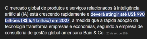Estatística sobre crescimento do mercado global de inteligência artificial