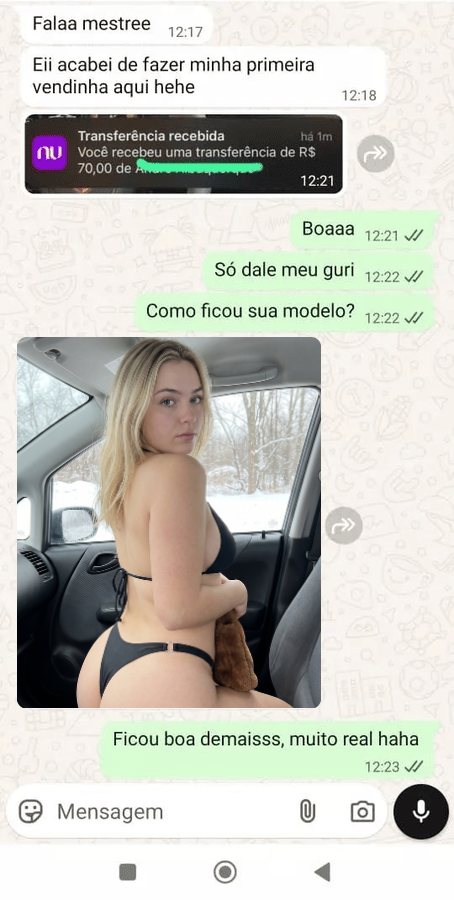 Print de WhatsApp mostrando resultado e venda de aluno Prettycat AI